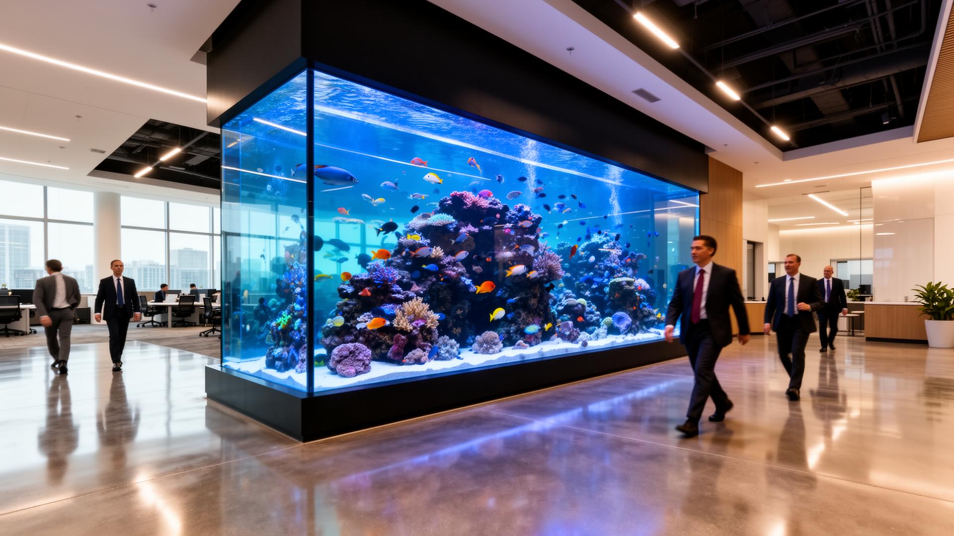 Large commercial aquarium in modern office lobby