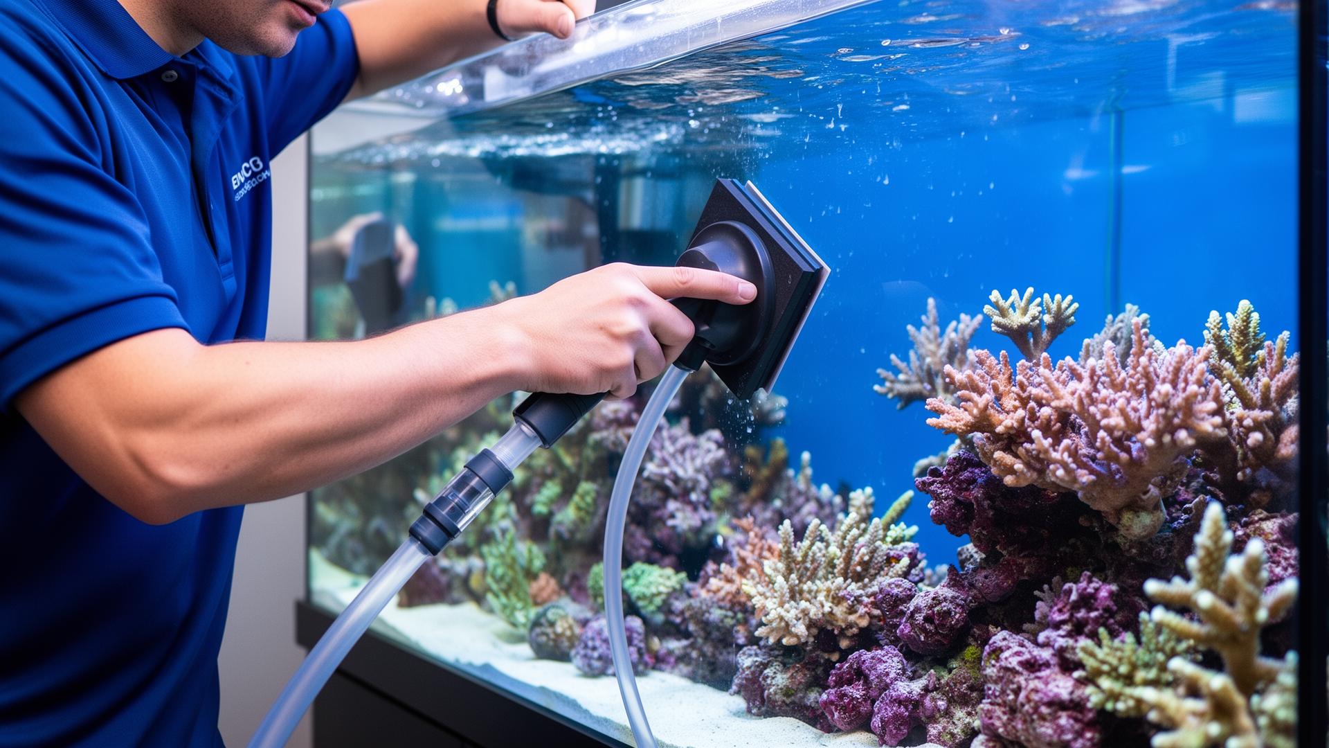 Aquarium technician performing professional maintenance
